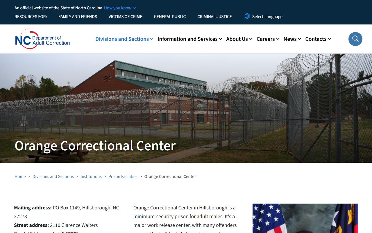 Orange Correctional Center inmate search facility page
